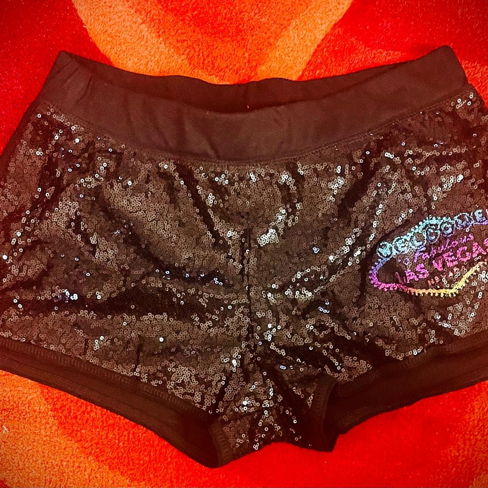 Black Sequin Shorts with Colorful Patch